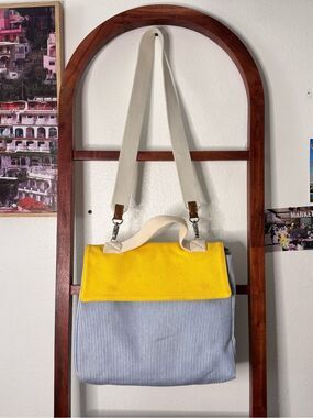 Rue De Verneuil Striped Beach Yellow Blue Canvas Tote Bag Shoulder